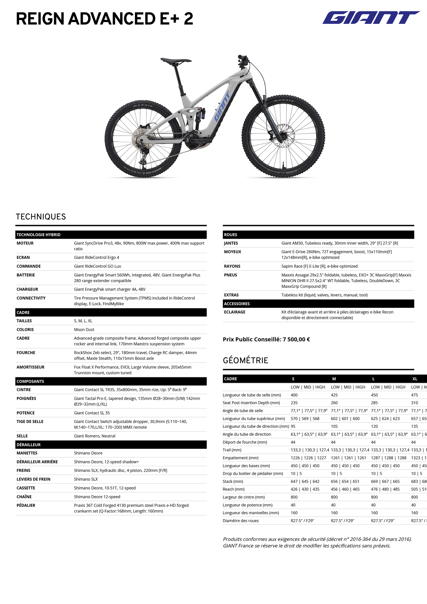 Fiche technique du velo électrique Reign E+ 2 année 2026